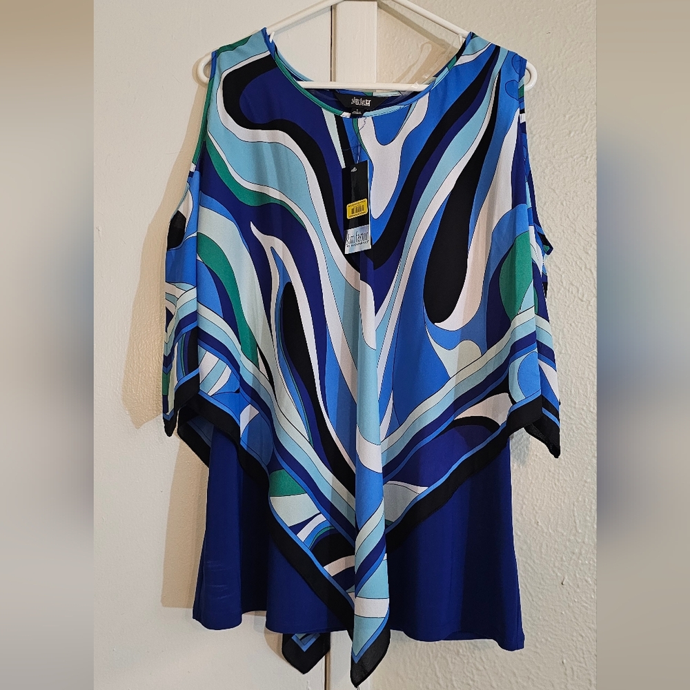 NWT Slim Factor By Investments L Blue/Teal Sheer Overlay W/ Cold Shoulder V-Hem